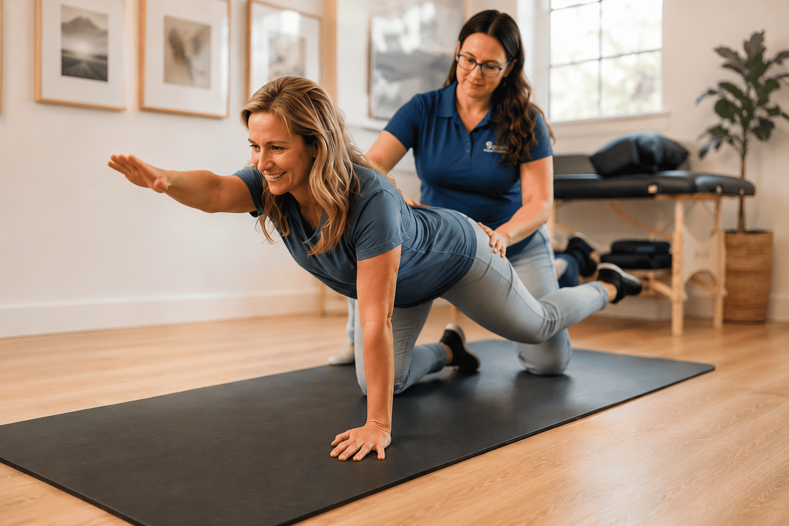Dr Cary, stretching a patient out on a mat on the floor